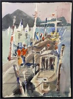 Sanford Brooks Listed Artist Harbor Watercolor