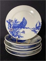 Five Small Japanese Transfer Bird Plates