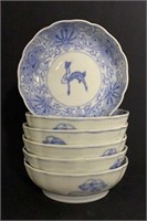 Six Japanese Blue and White Hand Painted Bowls