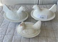 (3) Milk Glass Hen on the Nest Dishes