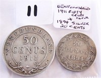 Nfld.  Silver 1911 Fifty Cents & 1894 Twenty Cents