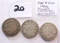 3 Canadian Silver Ten Cents Coins-1900, 1901, 1936