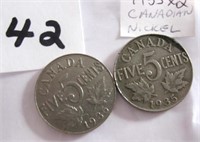 2 Canadian 1935 Five Cents Coins