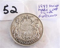 1947 Straight Maple Leaf Silver Fifty Cents