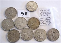 9 Canadian Silver Twenty Five Cents Coins