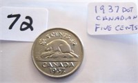 1937 Dot Canadian Five Cents Coin
