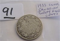 1933 Canadian Silver Twenty Five Cents Coin