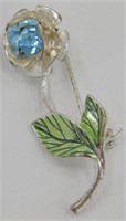 Silver Flower Lapel Pin w/ Blue Rhinestones