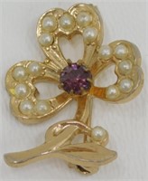 Gold Vintage Clover Lapel Pin with Pearl &