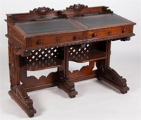 Rare U. S. House of Representatives double / partner's desk, designed by Thomas Walter (architect of the Capitol Building) and installed for the opening of the current chamber in 1857, manufactured by Doe, Hazelton & Co. of Boston (retains original printed label). This was reportedly the Sergeant at Arms desk from 1857-1873. The present example was gifted to Rep. Nehemiah G. Ordway from New Hampshire, who was Sergeant at Arms of the House of Representatives from 1863 to 1873. The desk was then purchased by the present consignor's grandparents in New Hampshire in the 1920's. Excellent untouched condition. Completely fresh to the market.