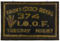 Unusual painted punched-tin Odd fellows sign (originally lighted) from Front Royal, VA