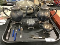Silver Plate Tea Pots, Creamer & Sugar Bowl,