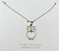 Owl Necklace, Cubic Zirconia, Sterling Silver,