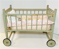 Antique Baby Bed with Wheels, has Mattress, Quilt,