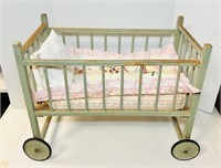 Antique Baby Bed with Wheels, has Mattress, Quilt,