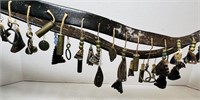 Decorated leather Belt, Carvings, 3 Coins, etc,