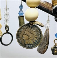 Decorated leather Belt, Carvings, 3 Coins, etc,