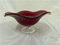 Vintage  Ruby Red Clear Pedestal Bowl Mid-century