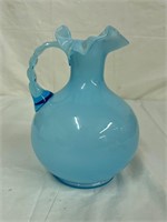 Fenton Blue Glass Vase With Handle Ruffled Top