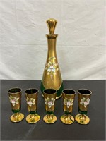 Bohemian Green Glass Gold Gilded w/Floral decanter