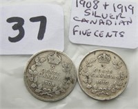 1908 & 1919 Canadian Silver Five Cents Coins