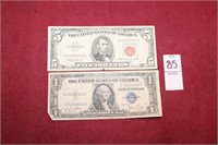 (1) 1935D Blue Silver Dollar Bill & (1) 1963 Red S