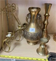 Antique Metal Brass candleholders and Vase