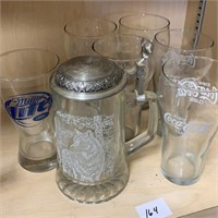 5 coca-cola glasses, Beer Glass,  and beer stein