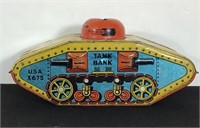 TIN LITHOGRAPHED TANK BANK MADE IN USA MODEL 675