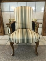 Green and Tan Striped Fabric Chair w/ Wooden Arms