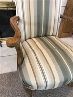 Green and Tan Striped Fabric Chair w/ Wooden Arms
