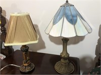 2 Bedside Lamps, One with Stained Glass Shade