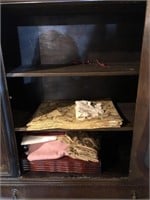 Vintage Cabinet w/ Glass Door and Table Linens