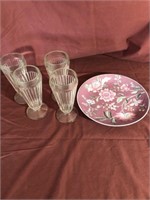 Large Glass Punch Bowl, Platter, Glasses, Plates