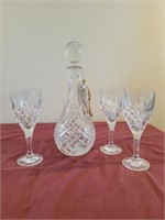 Crystal Glass Decanter, 3- Glasses and Vase