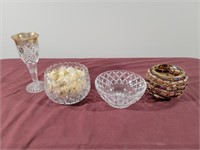 Mismatched Tea Set, Glass Bowls, Metal Basket
