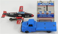 3 Tin Toys: Chein Bank, Friction Navy Airplane