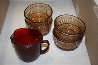 Plastic Cups, pitcher; Red Glass; Coffee Mugs