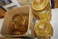 Amber Glassware-2 Canisters; Cups and a Bowl
