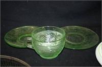 Green Plates, teacup; Clear Plates; Rolling Pin