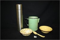 Enamel Coffee pot (missing lid); Eagle Thermos