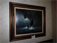 OIL PAINTING OF SHIP IN A STORM ON CANVAS (DAMAGED