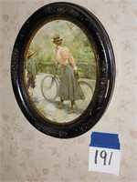 VICTORIAN LADY WITH BIKE PRINT IN OVAL FRAME
