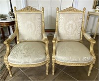 Pair of Louis XVI Style Gold Painted Arm Chairs