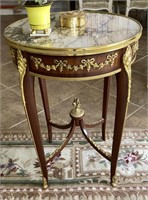 French Round Marble Inlay Bronze Accent Table
