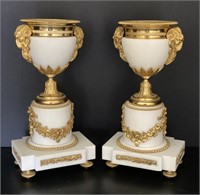 White Marble Urns w/ Rams Heads & Floral Swags