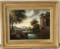 Signed Marvin Oil on Board Painting Of Ruins