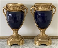 Pair Of Cobalt Porcelain & Bronze Urns