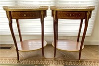 Pair Of Oval Marble Top Tables w/ Marquetry