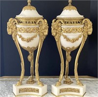 Large Marble Urn Lamps W/ Gilt Bronze Rams